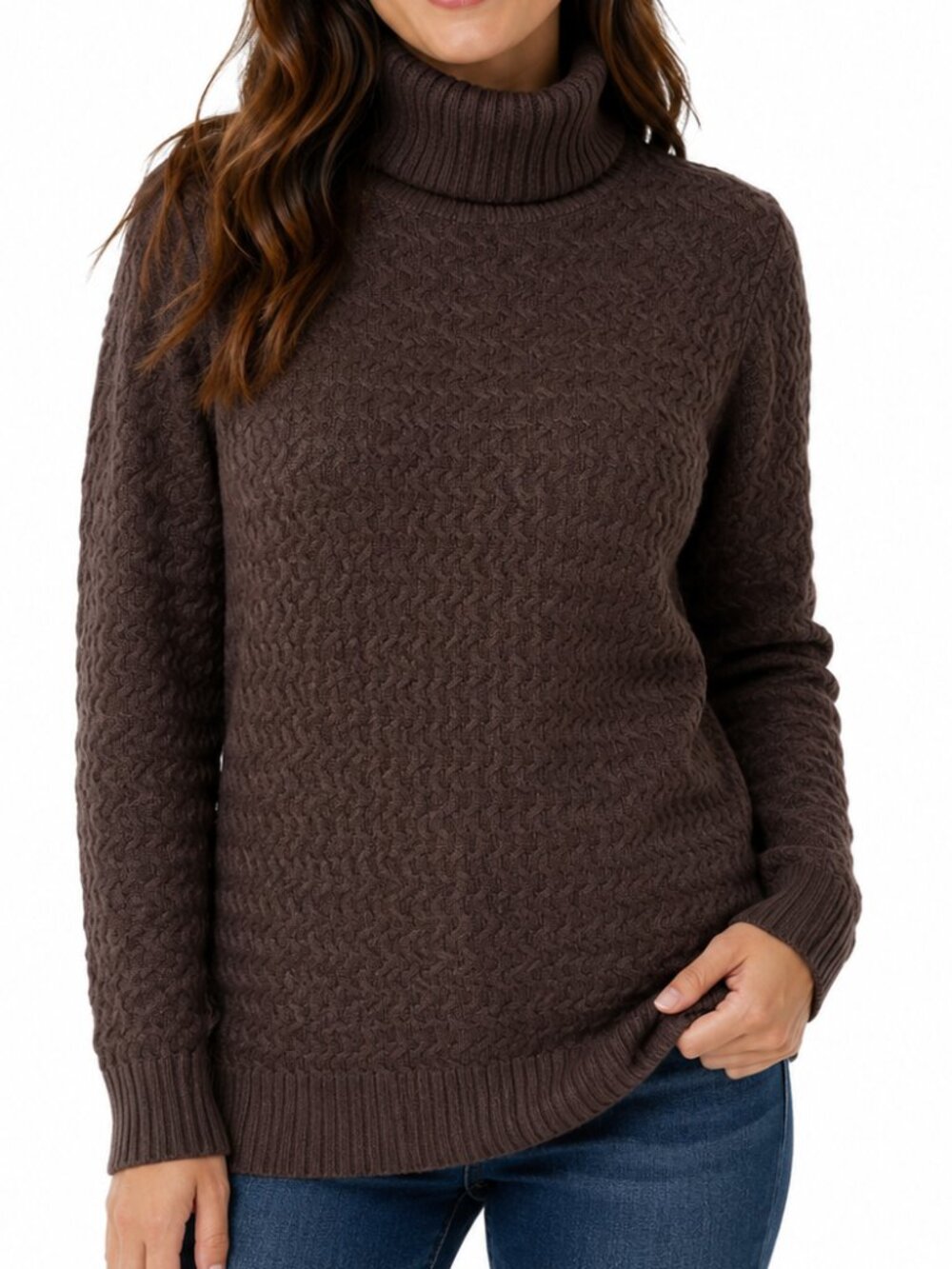 LANDS' END Knit Turtleneck Sweater Brown Small Chevron Cable Knit Cotton Neutral